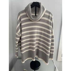 LOFT Cozy Neutral Gray & Cream Striped Cowl Neck Knit Sweater Women's Size M